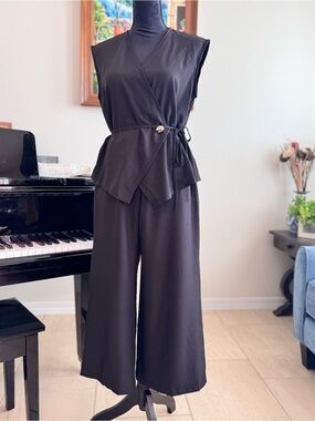 Sleeveless Black Wrap Jumpsuit with Tie Waist